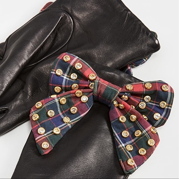 🆕LELE SADOUGHI CASHMERE LINED BLACK LEATHER GLOVES PLAID TARTAN BOW & CRYSTALS - Picture 4 of 5